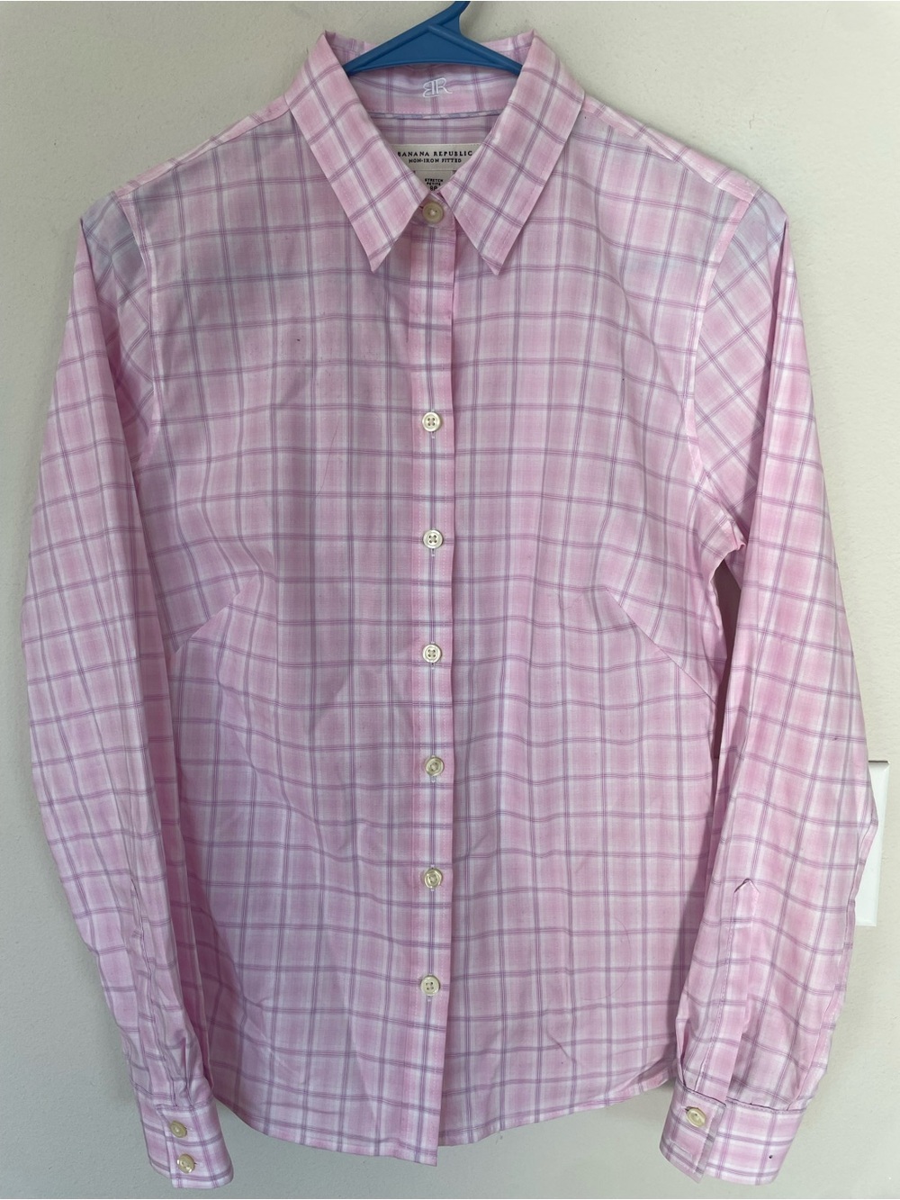 Banana Republic Women  Pink Pane Checkered Work Button Up Shirt Blouse Size 8P